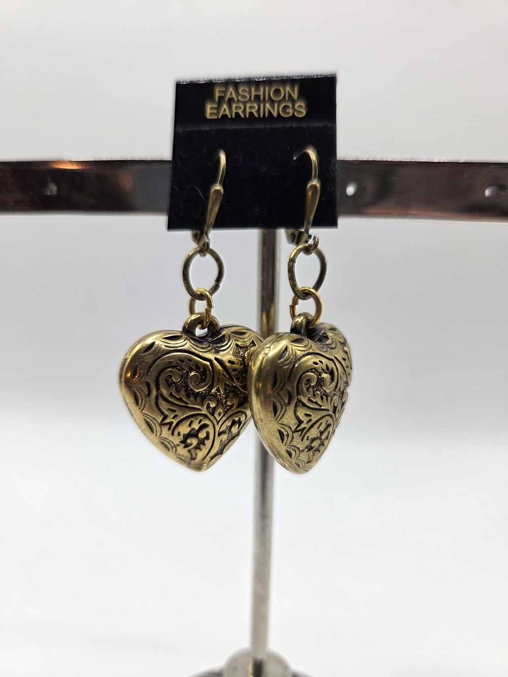 1498. Gold Tone Puffy Heart Drop Earrings